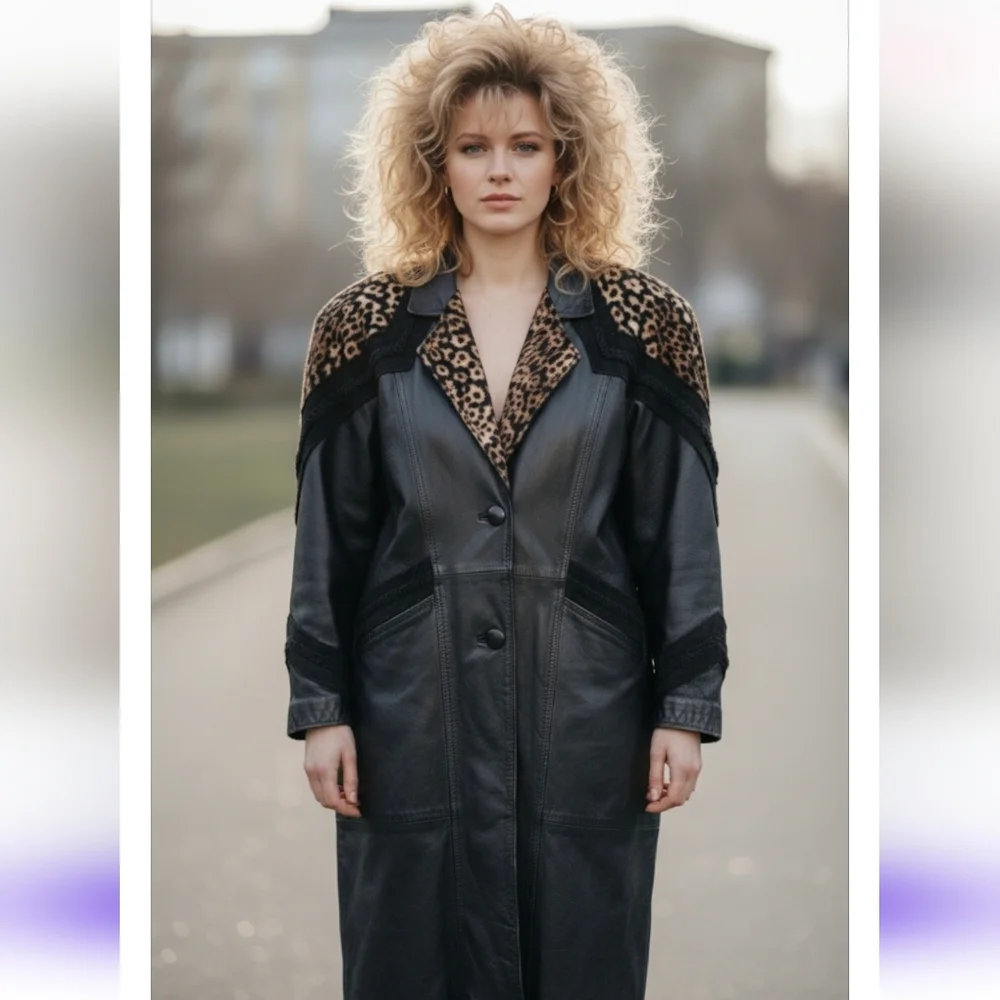 Vintage 80s JF J Ferrar Black Leopard Print Leather Suede Trench Coat Size Large - Picture 2 of 13